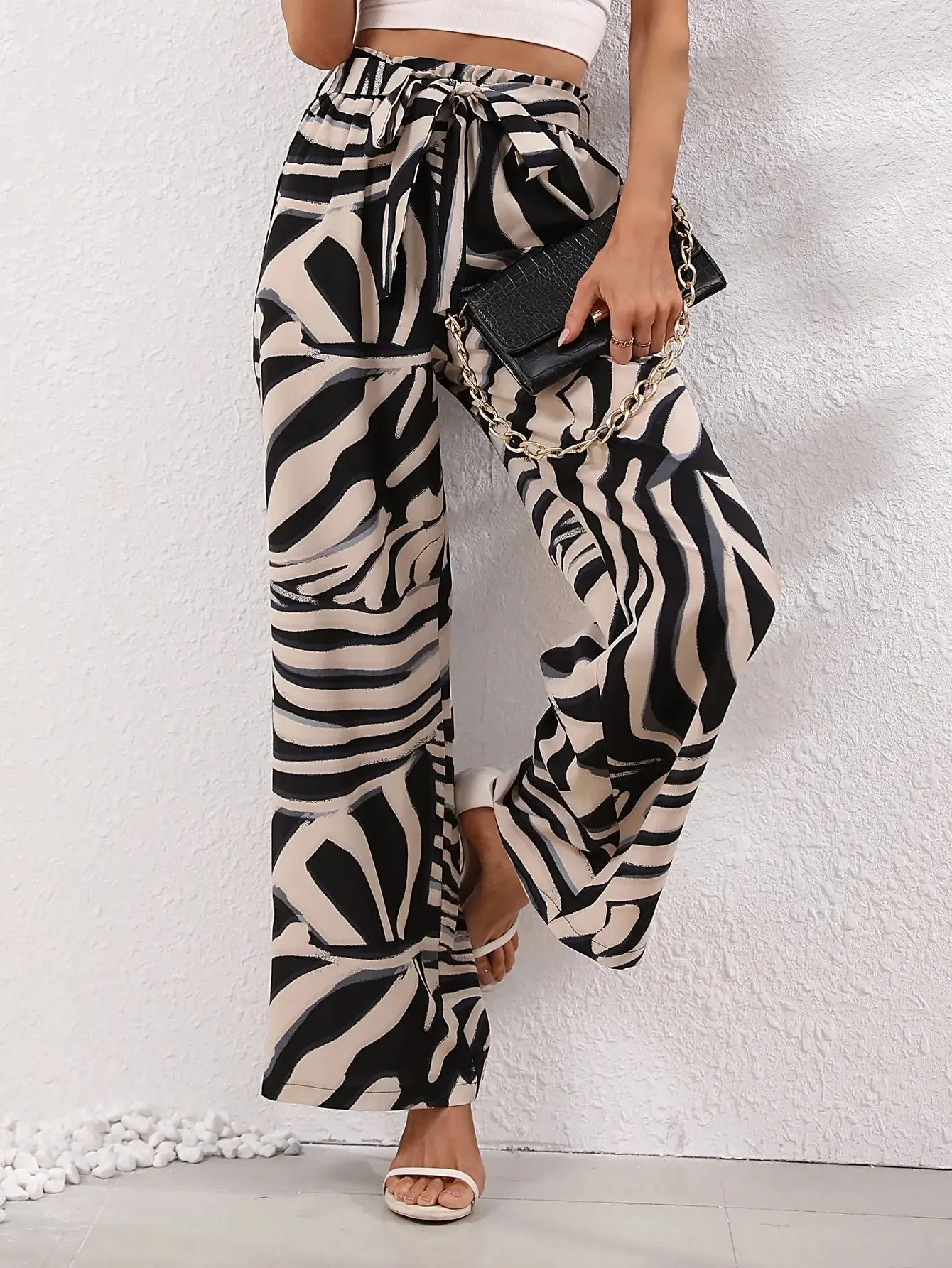 Women's Random Printed Tie-Dye Belt Decorated Long Pants