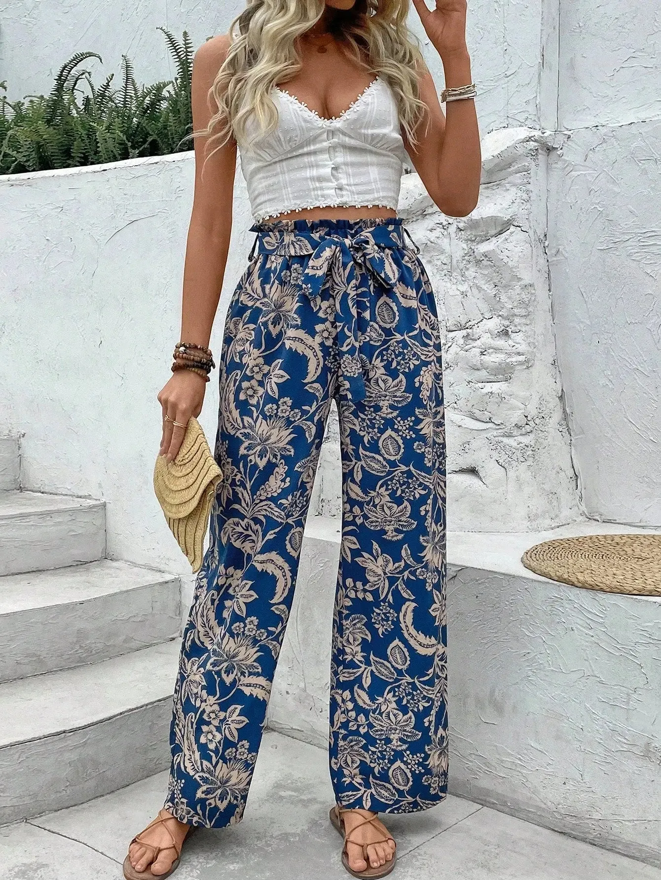 Women's Random Printed Tie-Dye Belt Decorated Long Pants