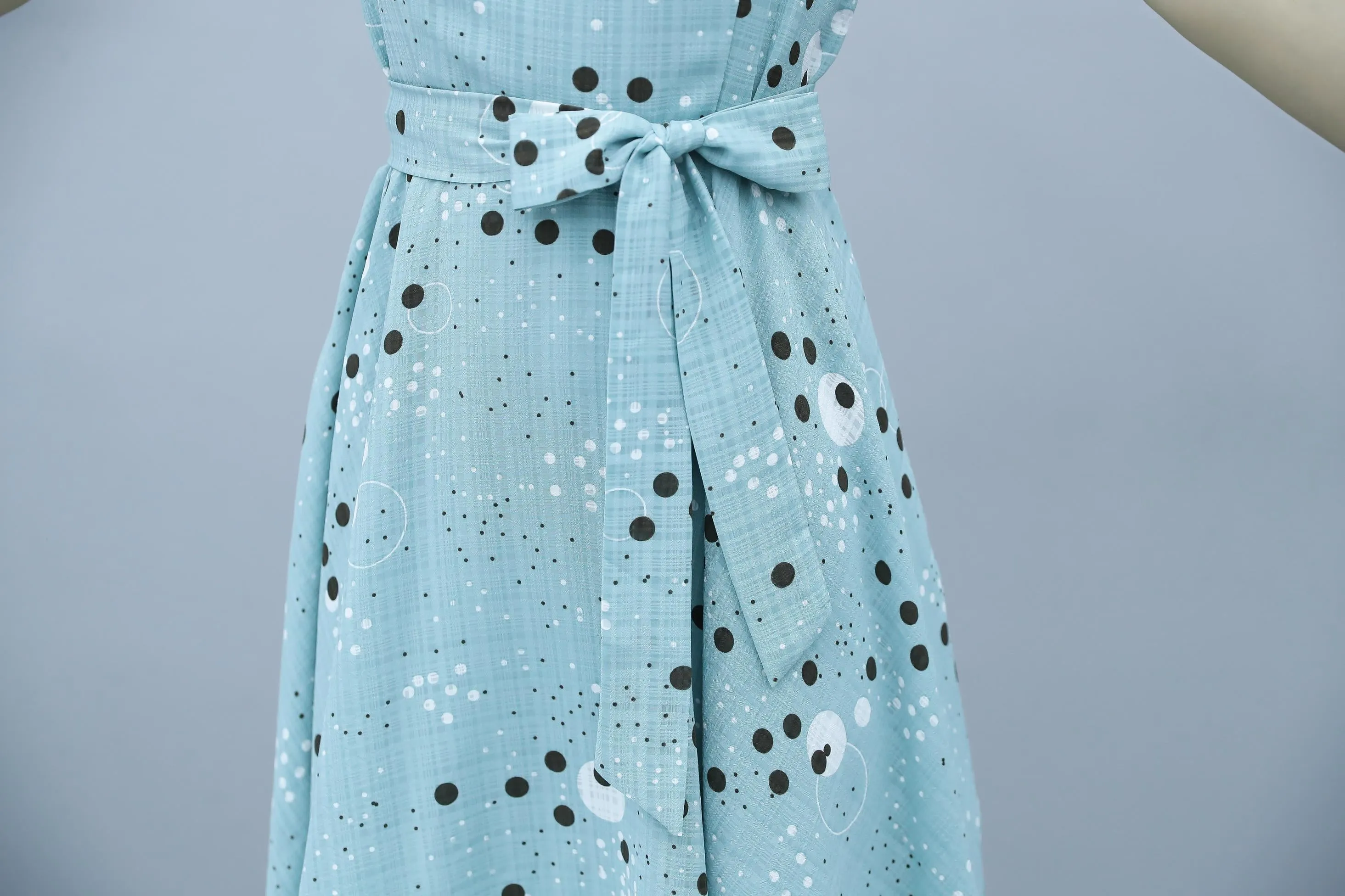 Women's Round Neck Belted High-Low Dress in Polka Dot Design