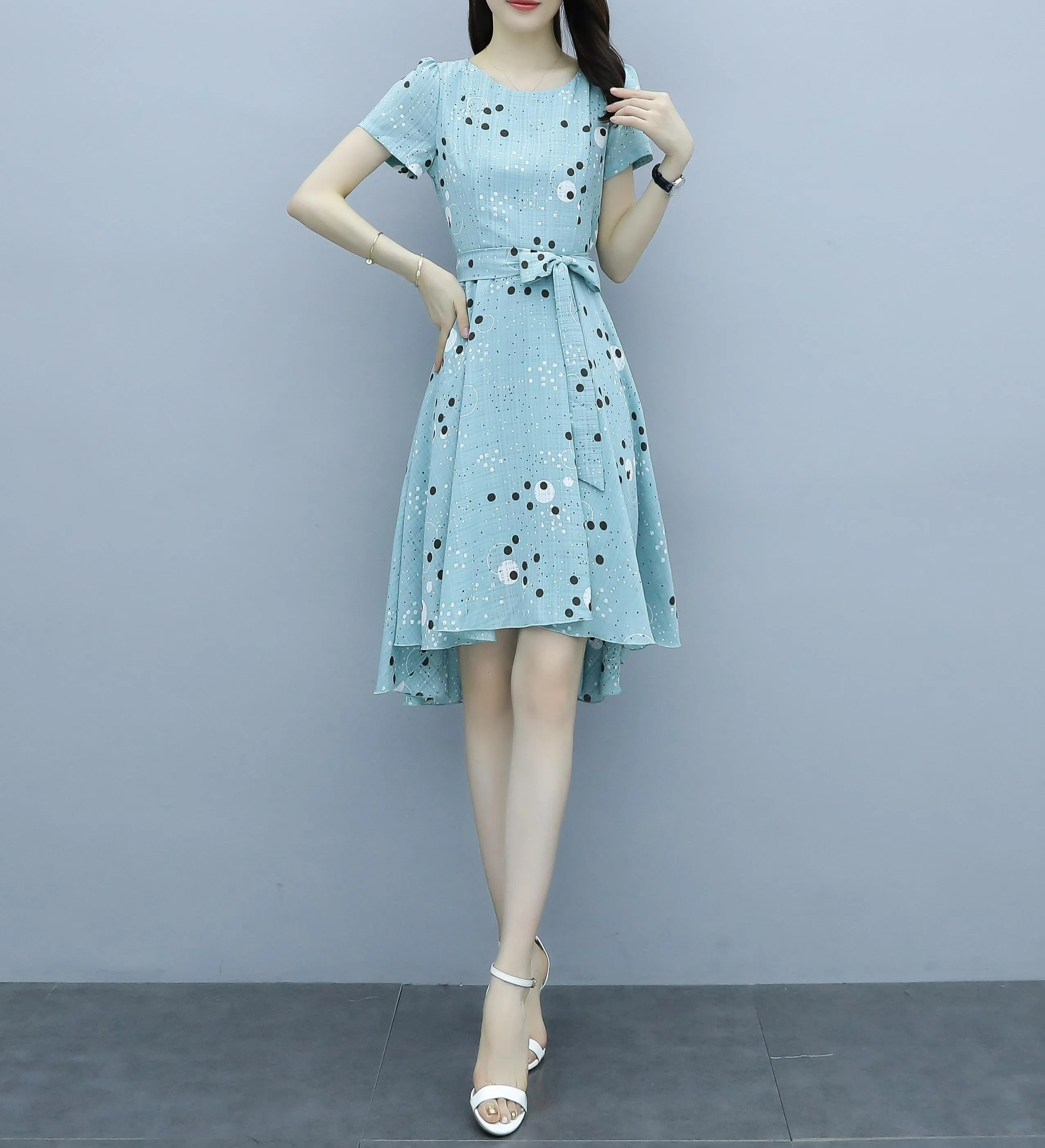 Women's Round Neck Belted High-Low Dress in Polka Dot Design
