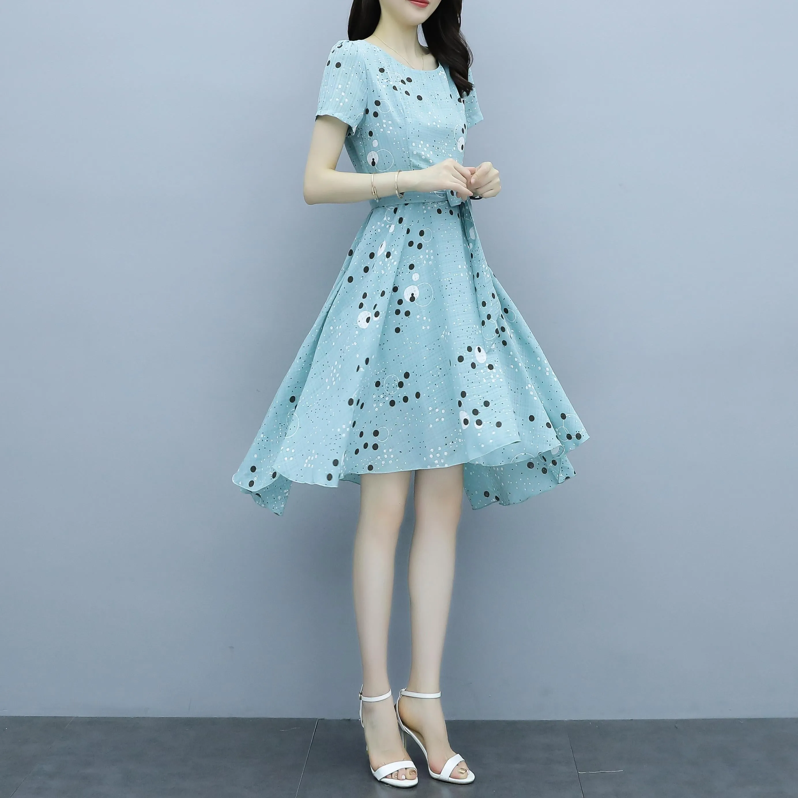 Women's Round Neck Belted High-Low Dress in Polka Dot Design