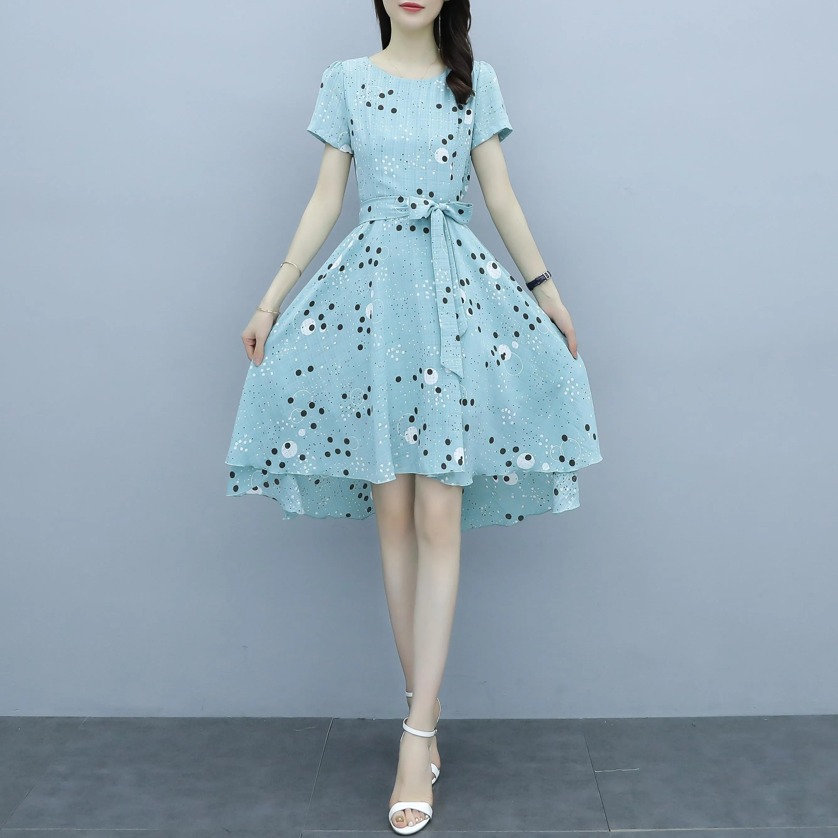 Women's Round Neck Belted High-Low Dress in Polka Dot Design