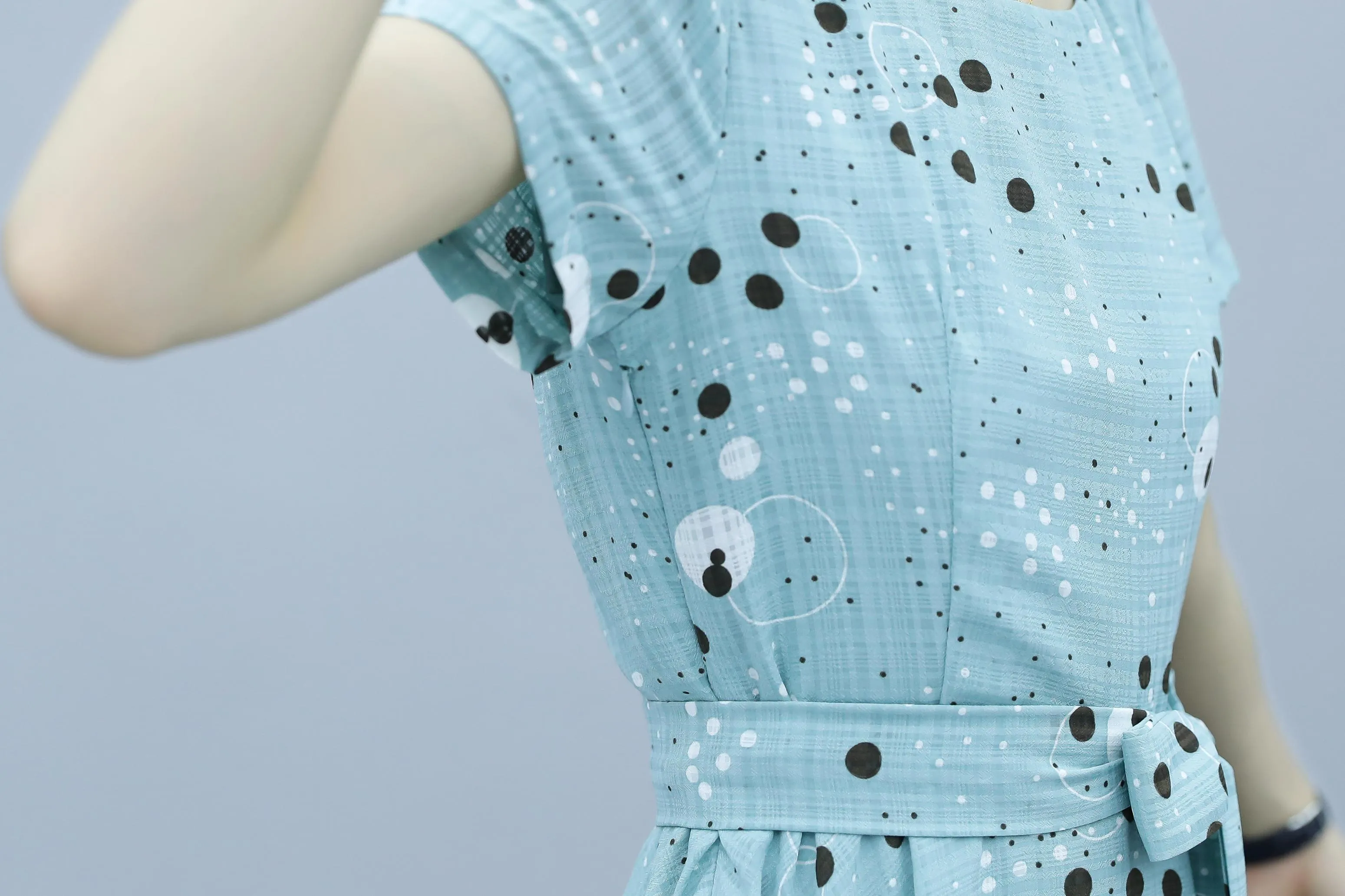 Women's Round Neck Belted High-Low Dress in Polka Dot Design