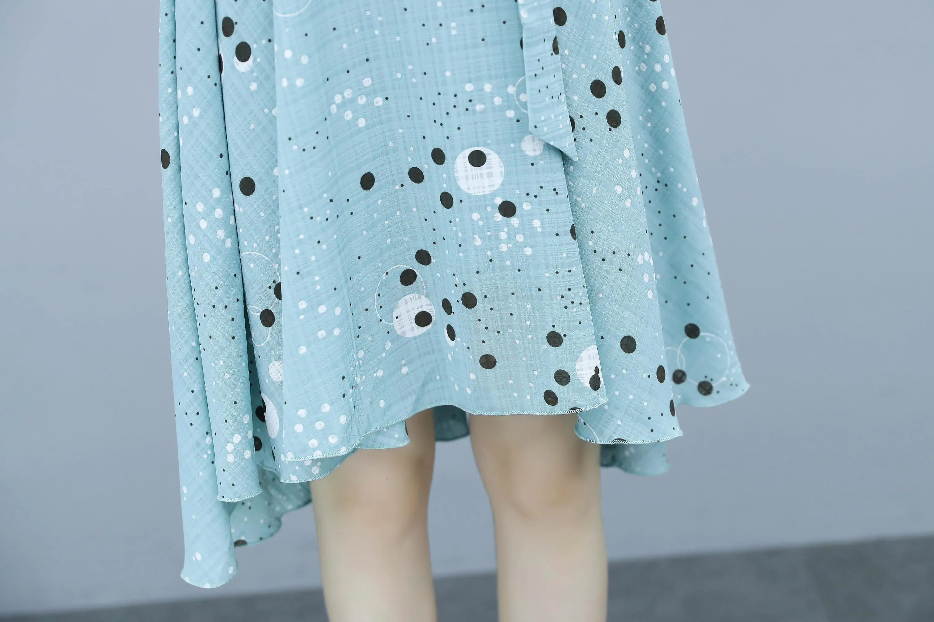 Women's Round Neck Belted High-Low Dress in Polka Dot Design