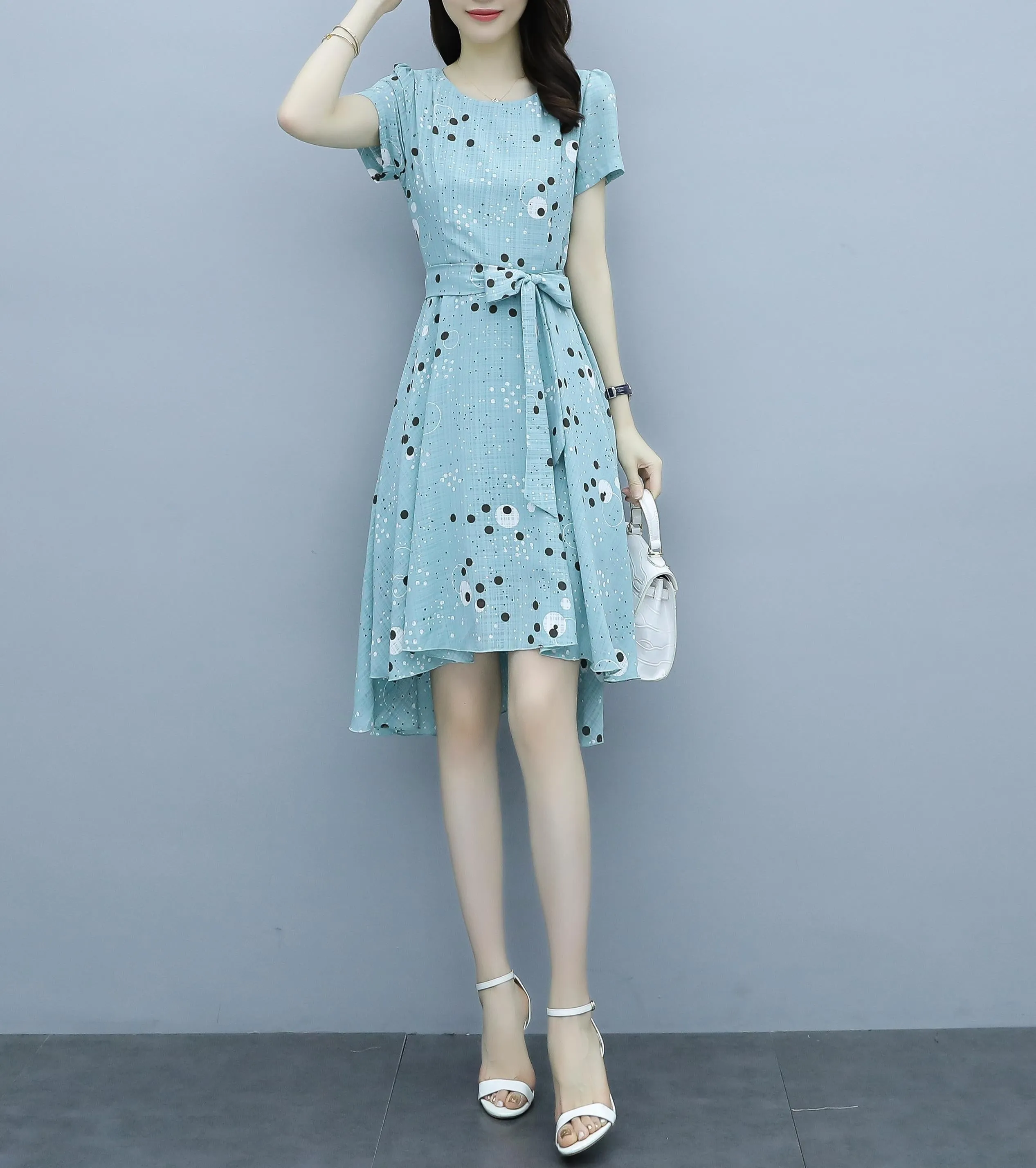 Women's Round Neck Belted High-Low Dress in Polka Dot Design