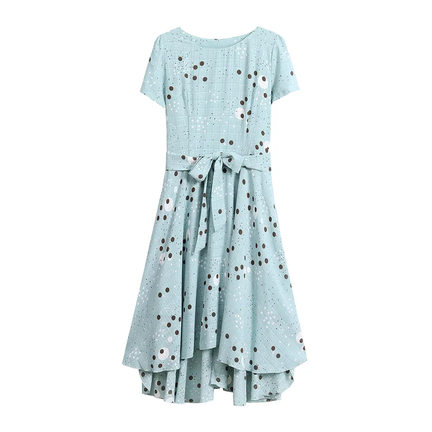 Women's Round Neck Belted High-Low Dress in Polka Dot Design