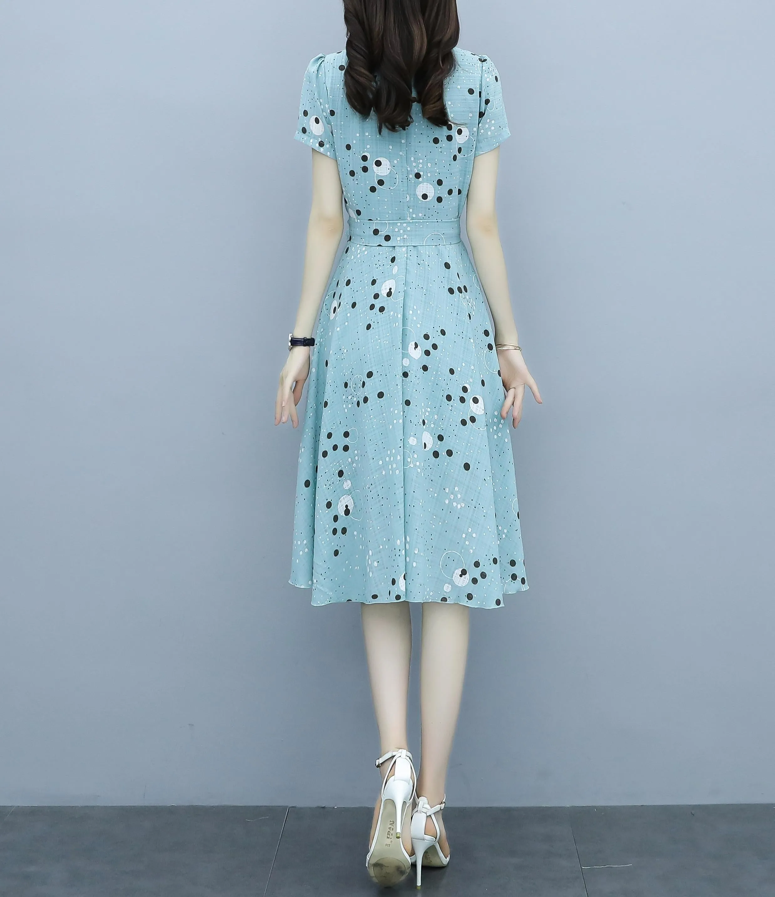 Women's Round Neck Belted High-Low Dress in Polka Dot Design