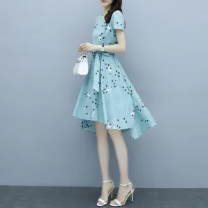 Women's Round Neck Belted High-Low Dress in Polka Dot Design