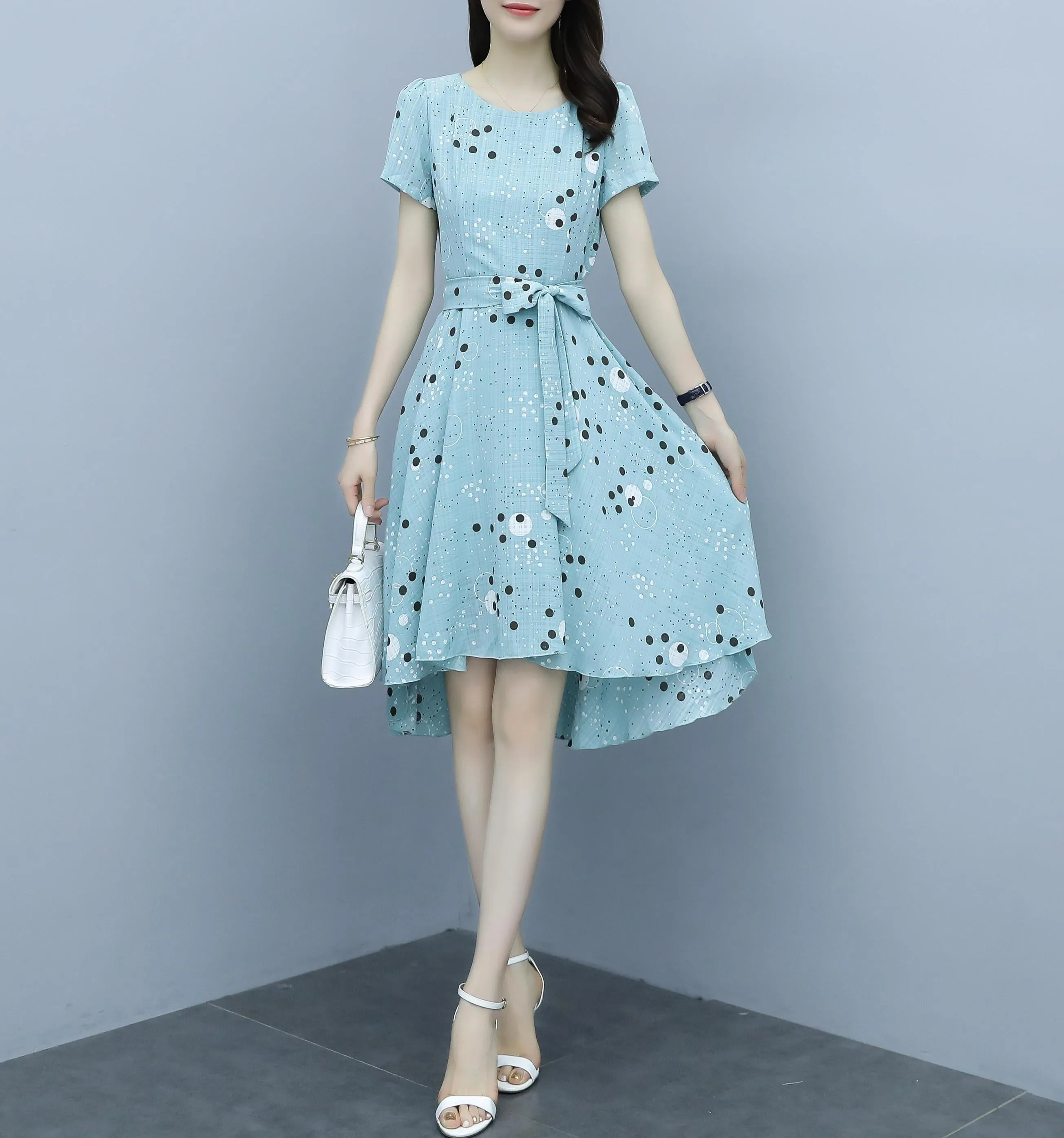 Women's Round Neck Belted High-Low Dress in Polka Dot Design