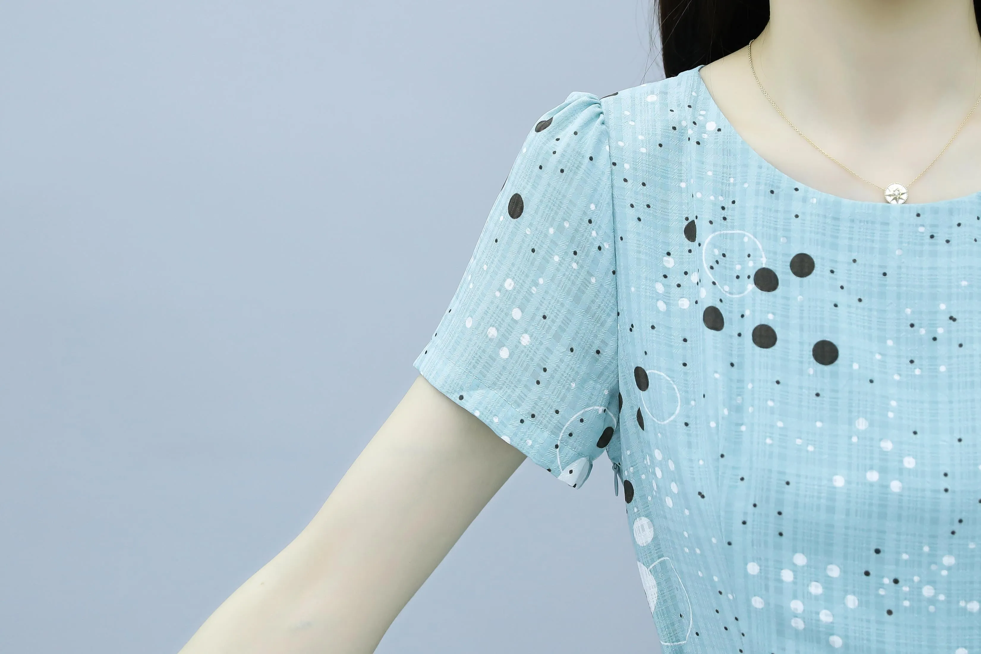 Women's Round Neck Belted High-Low Dress in Polka Dot Design