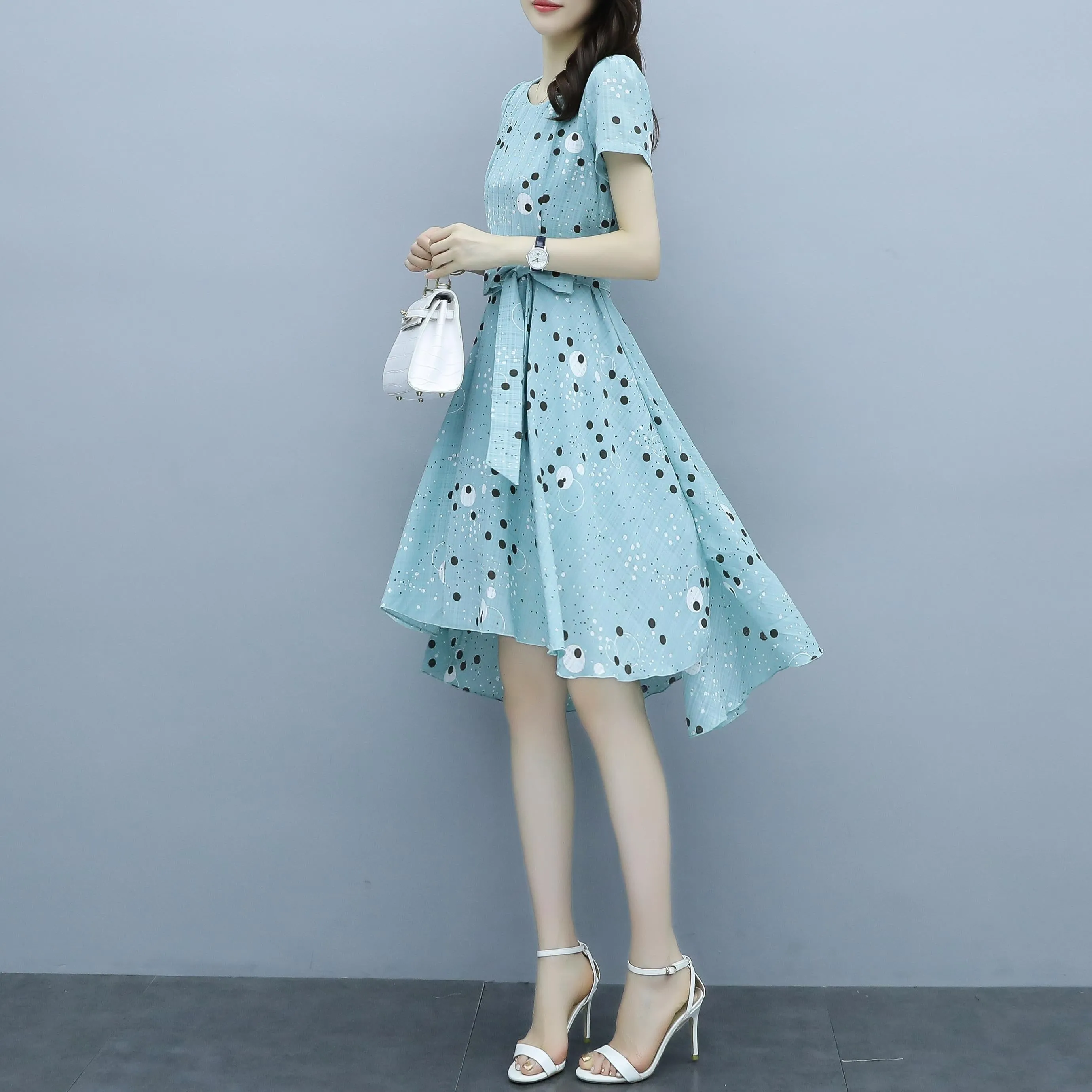 Women's Round Neck Belted High-Low Dress in Polka Dot Design