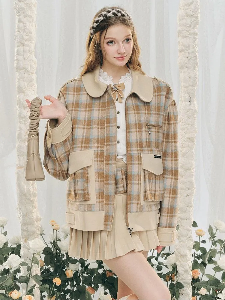 Wool Plaid Tweed Jacket Peplum Skirt【s0000005287】