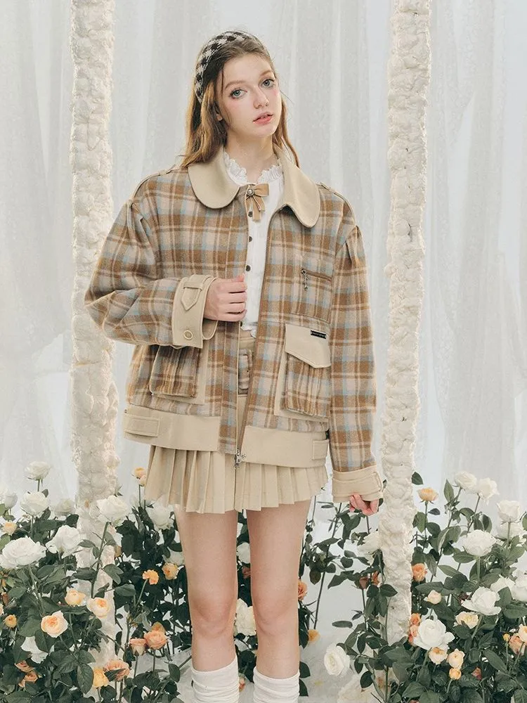 Wool Plaid Tweed Jacket Peplum Skirt【s0000005287】