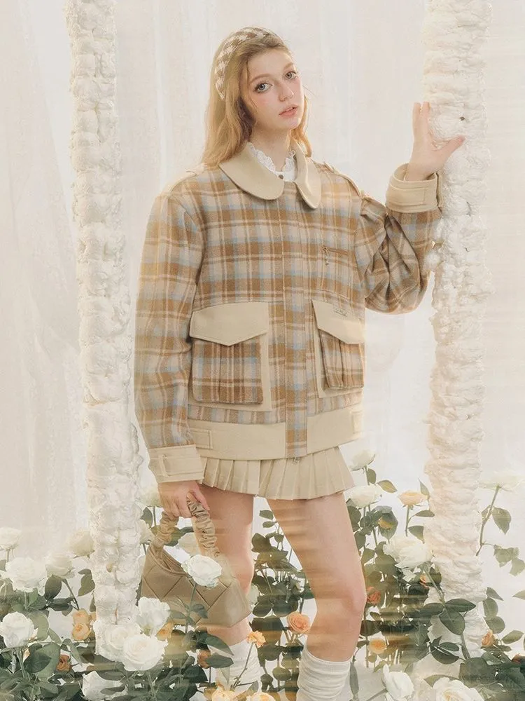 Wool Plaid Tweed Jacket Peplum Skirt【s0000005287】
