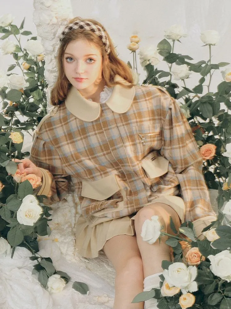 Wool Plaid Tweed Jacket Peplum Skirt【s0000005287】