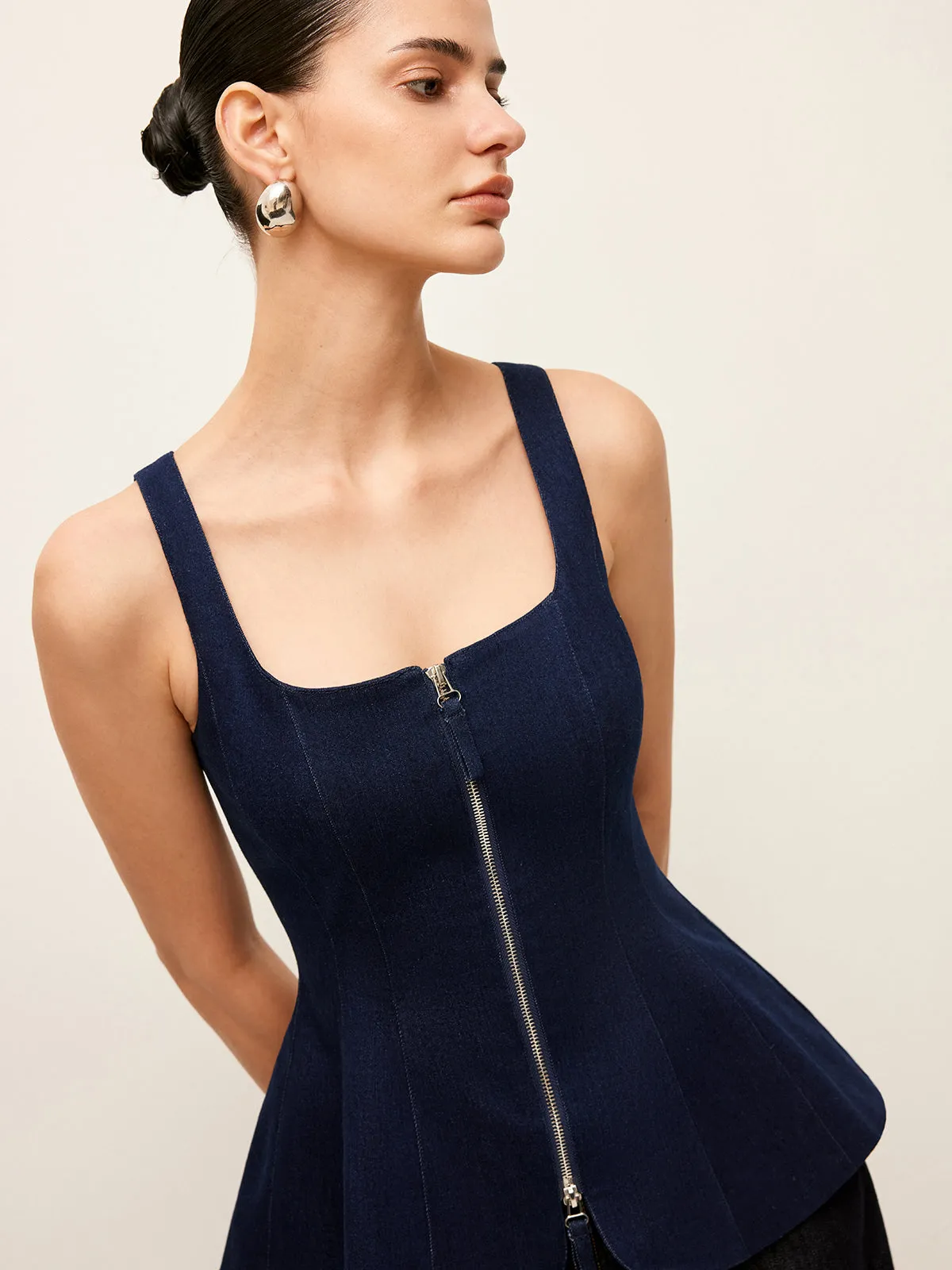 Zip-Front Denim Peplum Top