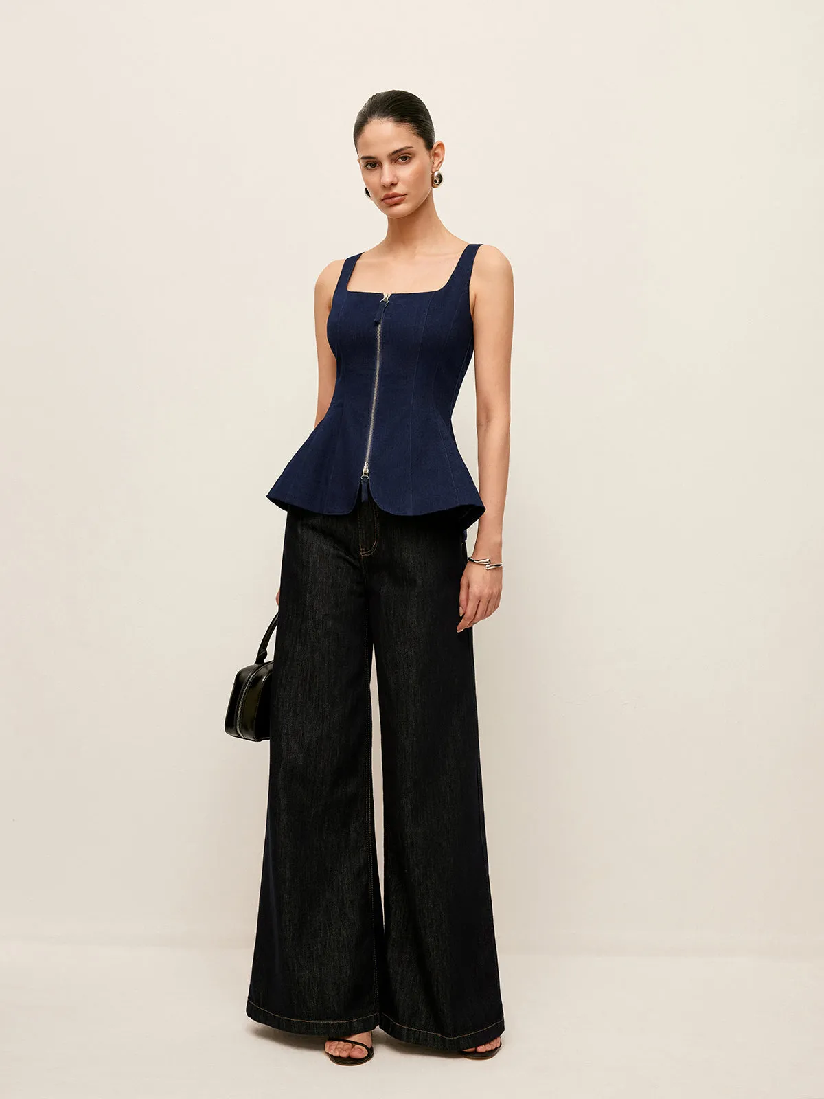 Zip-Front Denim Peplum Top